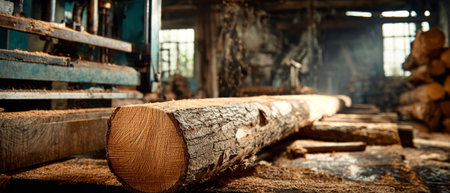 Sawed timber glistens under studio lighting in a woodworking shop, surrounded by logs and heavy machinery, highlighting the beauty of craftsmanship and industry.の素材