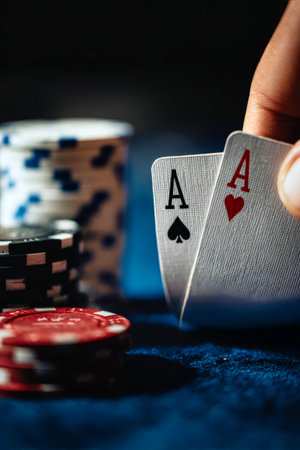 A hand displays two aces on a blue table surrounded by colorful poker chips, creating an atmosphere of thrill and anticipation in a dimly lit setting.の素材
