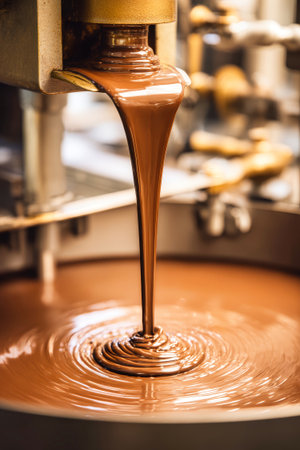 Melted chocolate flows elegantly from machinery, showcasing the art of candy production in a vibrant factory filled with enticing scents and intricate details.の素材