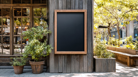 A rustic black notice board with a wooden frame stands proudly outside a lively restaurant, inviting passersby to check for daily specials and events.の素材
