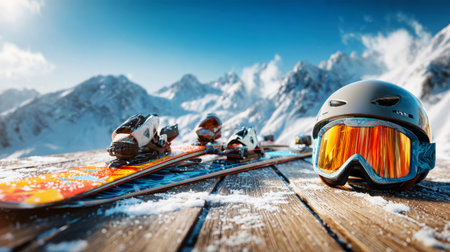 Ski gear including vivid skis, a helmet, and goggles rests on a wooden surface with snow-covered mountains in the background, showcasing winter sports activities.の素材