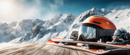 Skis, helmet, and goggles sit on a wooden table with a snowy mountain background ready for winter sports. The scene shows a bright and clear day.の素材