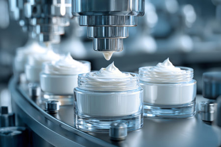 White cosmetic cream is being filled into glass jars on a production line with a modern machine in a factory setting.の素材