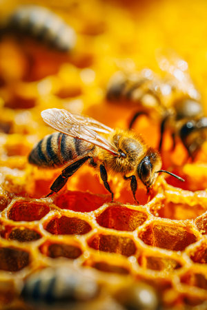 Bees gather nectar and process it into honey while working on honeycombs in their hive. The scene captures the intricate details of their activity and environment.の素材