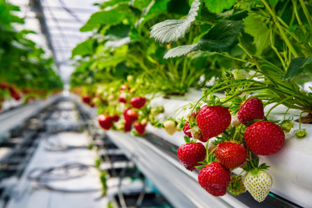 Hydroponic strawberry plants flourish indoors as a farmer in a white uniform collects ripe berries, showcasing modern agricultural techniques.の素材