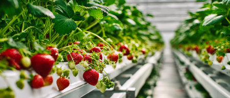 Strawberry plants grow abundantly in white tables as a farmer tends to ripe berries in a high-tech hydroponic indoor farm.の素材