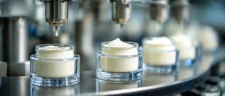 Cosmetic cream flows from a machine into glass jars on a production line in an industrial setting, showcasing the cream production process.の素材