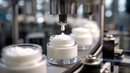 Modern machine fills glass jars with cosmetic cream on a production line in a factory. Jars are clear and the background is blurred.の素材