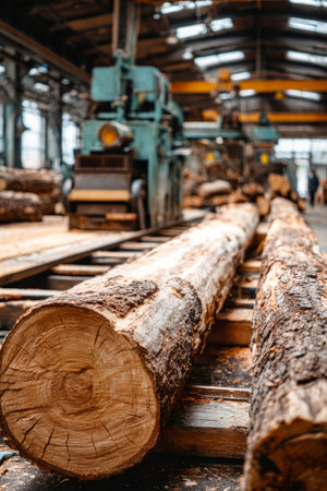 Felled trees rest on wooden boards in a woodworking plant, showcasing a busy atmosphere with industrial equipment ready for log processing and craftsmanship.の素材
