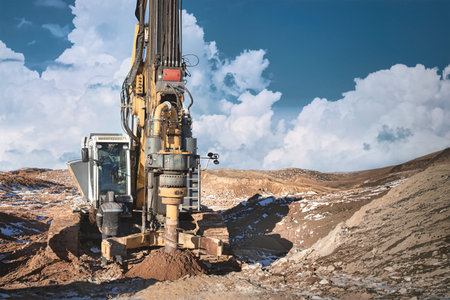 A drilling rig is in action, installing piles into rocky ground. The scene shows a clear sky with...