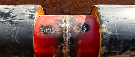 Workers are connecting black steel pipes with red sections during a construction project while the sun shines bright in the afternoon sky.の写真素材