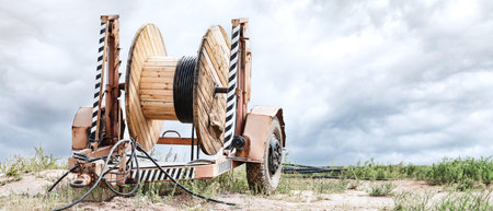 A large wooden spool full of black electrical cable is mounted on a special trailer. Cable is being...