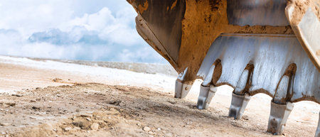 A powerful excavator bucket breaks ground on a sunny day, sending dirt flying as it prepares the...