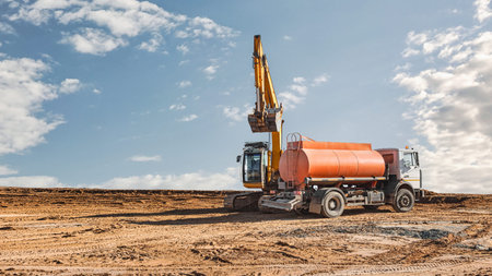 Heavy machinery operates on a dirt construction site under a clear sky. A large truck and an orange...