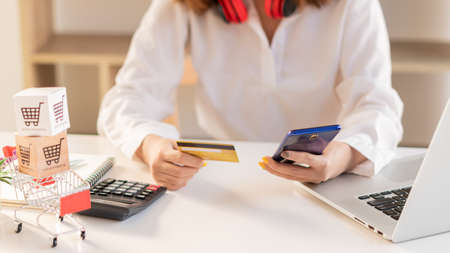 Online shopping cart on a shopping cart with Ying young women ordering things through mobile phones.の写真素材