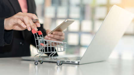 A young woman's hand holds a small shopping cart working on a laptop and smartphone in the office. Online sales ideas.の写真素材