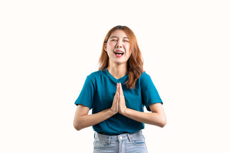 Beautiful Asian woman making various hand gestures with copy space isolated on a white background