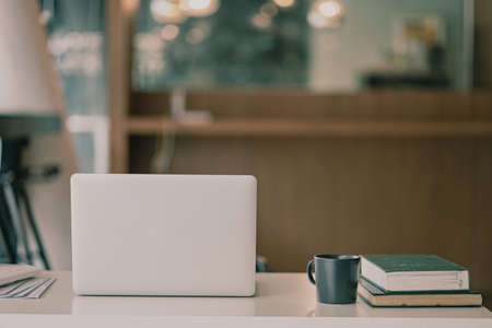 Laptop computer and tiger skin on a businessman's desk in the officeの写真素材