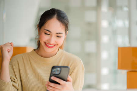 starting a small business SME business owners, successful female entrepreneurs Work with laptops and smartphones with receipt boxes and check online orders to prepare boxes. sell tの写真素材