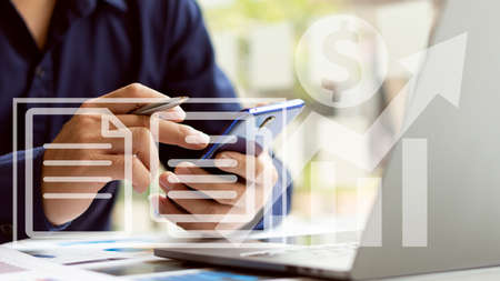 document management system Businessman using smartphone and pointing at digital document file cloud...