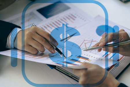Financial analysts analyze reports with corporate business finance documents showing successful...