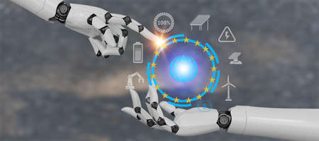 Mechanical arm with globe icon with symbol of electric power, windmill, battery around it.