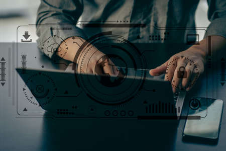 Businessman analyzing sales data and drawing growth graph with customer world network connection...