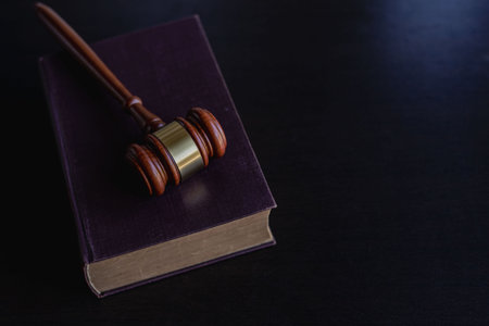 The scales of injustice, the hammer of the law tiger skin judges on the table in the conceptual law office.の写真素材