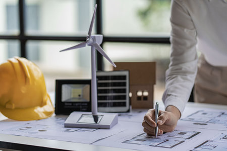 Young Asian architect with blueprints working on lapotp in office. Career working hard on wooden table, painting with windmills, designing model of renewable wind house building.の写真素材