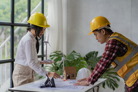 Meeting of female engineers and developers of renewable energy systems with solar panels and tabletop model houses. to design the use of renewable energy with wind turbines and solの写真素材