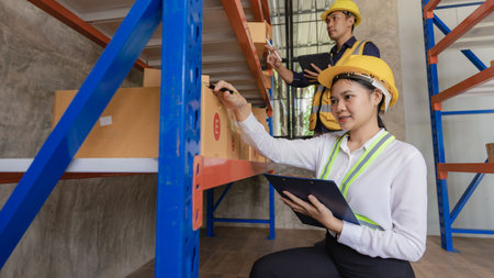 man, woman, asia, helmet, safety, employee, check, order, shelves, shipping, manager, storage, factory, industries, carrying, boxes, logistics, goods, supervisor, engineer deliveryの写真素材