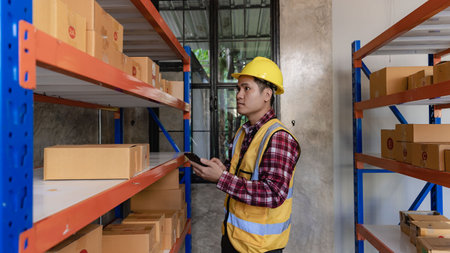Asian man managing warehouse worker man holding tablet in warehouse Logistics network distribution...
