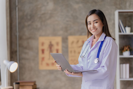 Asian female doctor sitting at a hospital desk, giving health care and disease prevention advice, convenient online services to patients and smiling, writing prescriptions to orderの写真素材