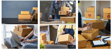Operators work on receiving boxes and check online orders to prepare the packaging. Sell ââto customers. SME business concept online e-commerceの写真素材