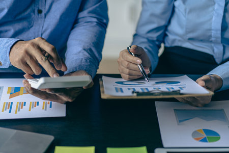 Business team discuss work analysis with graph data, market growth report, presentation and brainstorming on profit strategy planning, financial investment advisor, company accountの写真素材