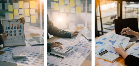Discussion of reports displayed in charts and graphs. analyze financial statistics Take part in the overview brainstorming business people review analyze serious financial reportsの写真素材