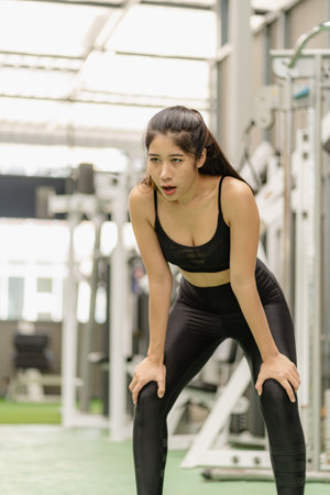 weight training Asian woman exercising in fitness gym, lifting weights, strong body, in sportswear, health care motivation concept, smiling at the gym.の写真素材