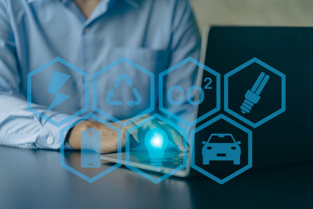 Energy concept, realistic icons to reduce CO2 emissions, carbon dioxide emissions, climate change to limit global warming. sustainable developmentの写真素材