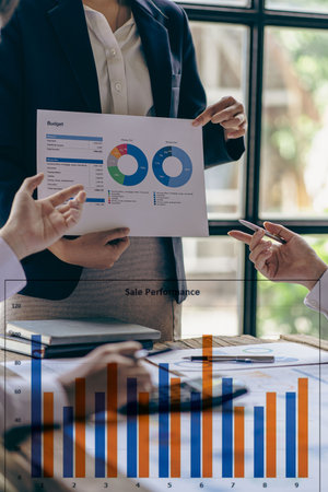 Credit finance business team explain business report from data analysis or bank marketing for loan, tax, bank account balance and cost calculation.の写真素材