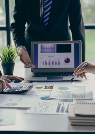 Credit finance business team explain business report from data analysis or bank marketing for loan,...