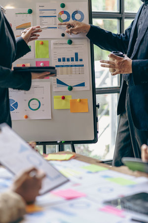 Credit finance business team explain business report from data analysis or bank marketing for loan,...