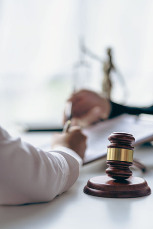 Business lawyers working on law in a courtroom help clients read legal documents and study...