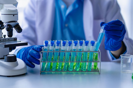 Doctor taking test tube with blue liquid, virologist working in chemical protective suit man...