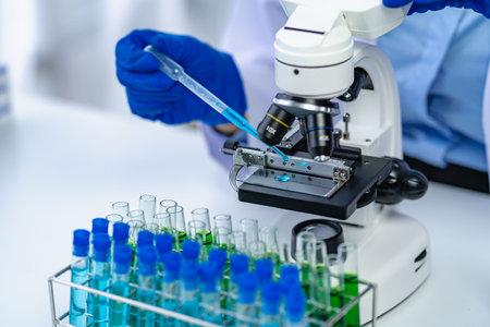 scientist research in medical science laboratory Medical technology with biology or chemical liquid...