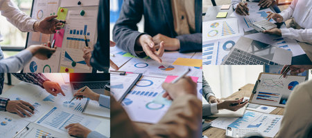 Cropped image of business team discussing financial planning graph and company during budget meeting in office room. Horizontal image.の写真素材