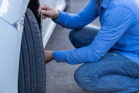 Man is changing a broken tire on the road with a screwdriver wrench.の写真素材