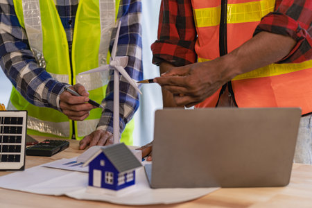 Construction team starts new project plans behind yellow helmets on table in office to discuss renewable energy construction projects with wind turbines and solar cells and houses on table.の写真素材