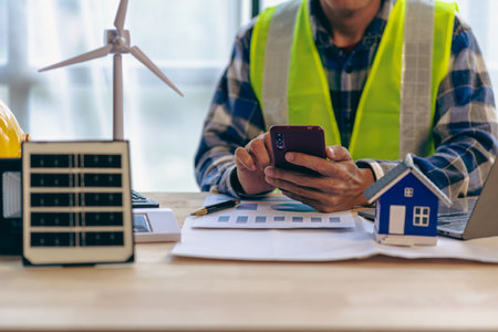 Engineer working in office at desk with solar laptop and concept home design Solar Renewable Energy...