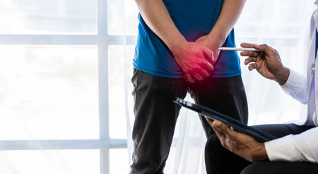 male patient sitting and consulting a doctor Prostate cancer problem Std Caucasian Man with his hand holding his crotch prostate inflammation erection problemsの写真素材