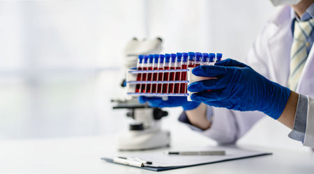 Doctor holding blood vessels for analysis and checking blood in research laboratory blood sample...
